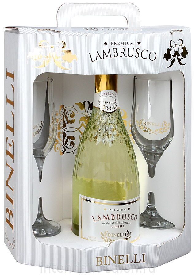 Игристое вино в белой упаковке. Игристое вино Binelli Premium Lambrusco. Binelli Premium Lambrusco Bianco Amabile dell'Emilia Gift Set with 2 Glasses 0.75 л. Mastro Binelli набор с бокалами. Ламбруско Бинелли Бьянко.